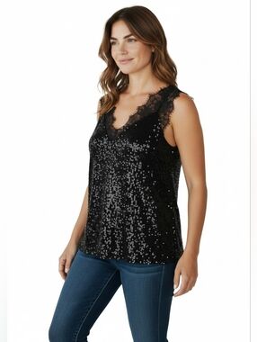 ESQUALO Black Sequins Lace Trim Sleeveless Blouse Glam Evening Size 14